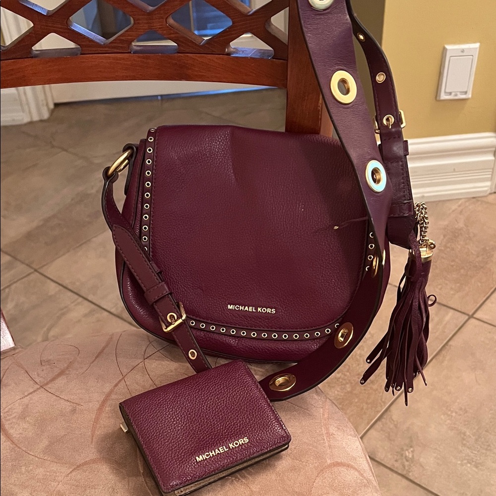 Michael Kors Crossbody Plum Leather Saddle Bag with Tassel Strap & Wallet.